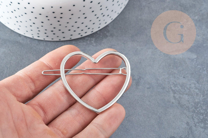 Support barrette coeur métal argenté 48.5mm, x1 (G8833)