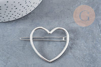 Support barrette coeur métal argenté 48.5mm, x1 (G8833)