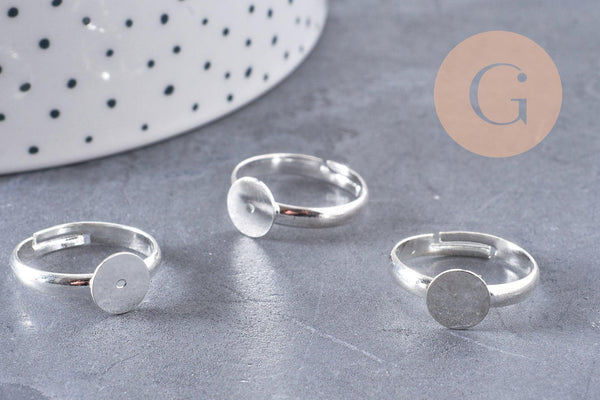 Supports bague reglable argentés plateau 8mm, x4 (G0506)