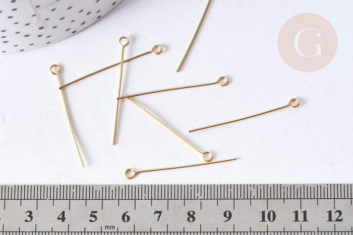 Tiges tête boucle acier 304 inoxydable doré 18K 35mm, x10 (G8033)