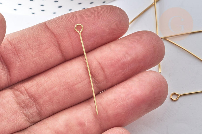Tiges tête boucle acier 304 inoxydable doré 18K 35mm, x10 (G8033)