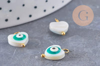 breloque coeur nacre blanche mauvais oeil zamac turquoise doré 15mm, x2 (G10068)
