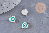 breloque coeur nacre blanche mauvais oeil zamac turquoise doré 15mm, x2 (G10068)