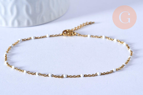 chaine de cheville acier doré 14k résine blanche chaine dorée 1.5-2mm,23cm, x1 (G3659)