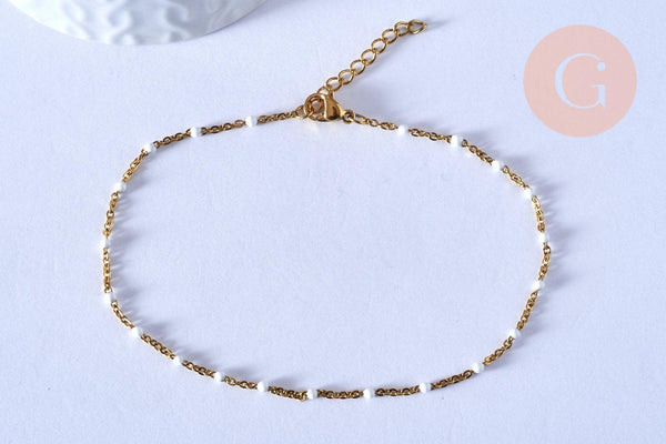 chaine de cheville acier doré 14k résine blanche chaine dorée 1.5-2mm,23cm, x1 (G3659)