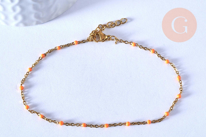 chaine de cheville acier doré 14k résine orange chaine dorée 1.5-2mm/23cm, x1 (G3744)