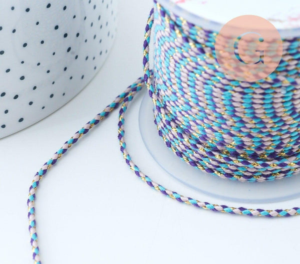 cordon tressé bleu rose violet fil doré 1.5mm-2mm,cordon multicolore scrapbooking,corde décoration, x 1Mètre G6071