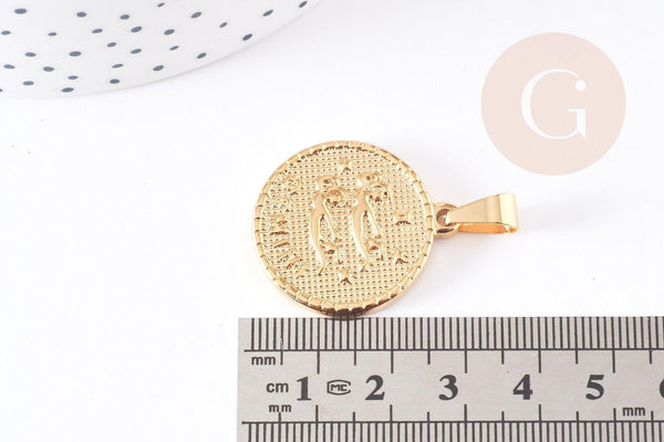 Pendentif médaille ronde Gémaux acier 304 inoxydable doré à graver, x1 (G6115)