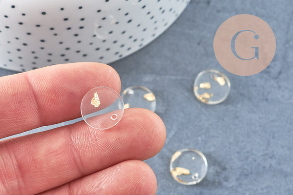 pendentif disque acétate transparent feuille d'or, Perle géométrique ronde pour création bijoux 13.5mm, x5 G4659