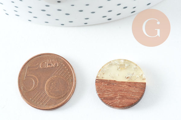 pendentif disque bois résine paillettes, bois naturel, perle bois rond, Perle géométrique,perle ronde,création bijoux bois,18mm, x5, G1994