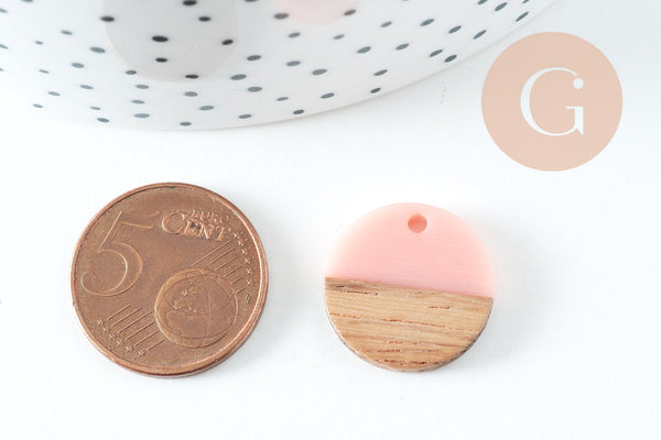 pendentif disque bois résine rose 18mm,création bijoux bois,x5 G1011