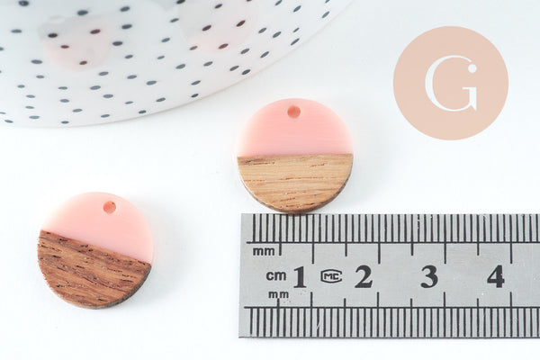 pendentif disque bois résine rose 18mm,création bijoux bois,x5 G1011