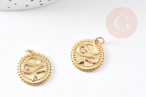 Pendentif médaille serpent laiton doré 18k cristal 18.5mm, pendentif animal zircon, x1 (G4279)