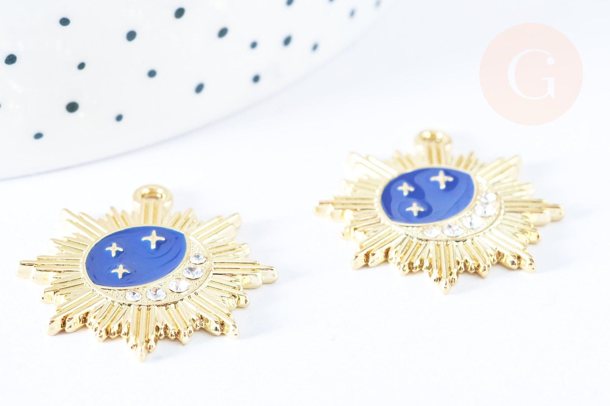 pendentif soleil lune étoiles bleu zamac doré 18k cristal zircon 26mm, x1 (G6682)