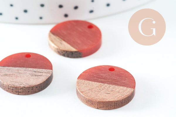 perle disque bois résine orange 18mm,création bijoux bois, x5, G3403