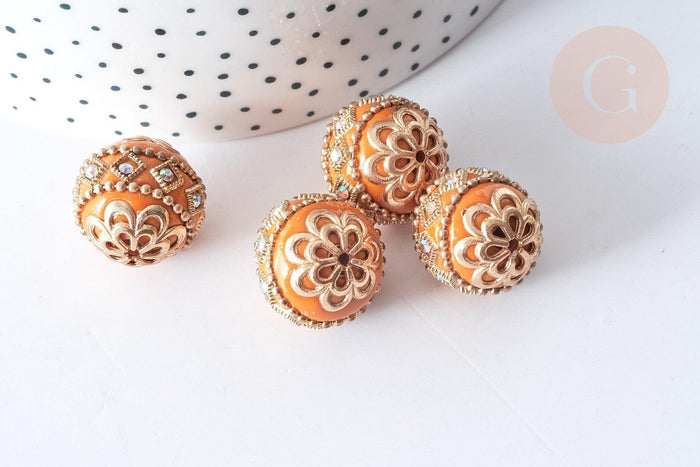 perle indonesienne polymère rose strass et zamac doré,création bijou ethnique exotique, 19.5mm x1 G4751