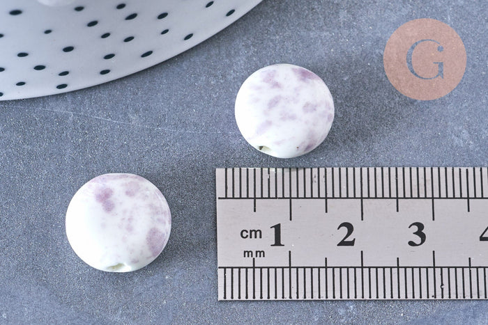 Perle porcelaine blanc violet 15mm, perle striées,perle céramique,céramique violette, x5 (G5718)