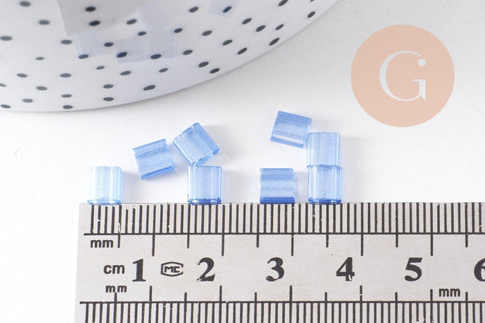perles rocaille carré verre rectangle bleu tendre nacré, perle carré création bracelet, perle tila,4.5mm,2 trous, x50 (4.8 GR) (G4452)